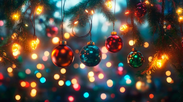 Christmas decorations with colorful baubles and garland lights on bokeh background. AI generated
