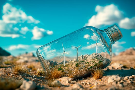 Glass bottle containing a miniature wind turbines landscape on a  desert background. Clean energy concept save the world. AI generated
