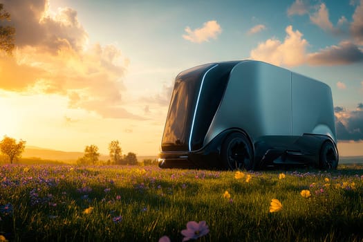 Futuristic electric truck with cargo staying in the field of grass and flowers under afternoon sky. AI generated