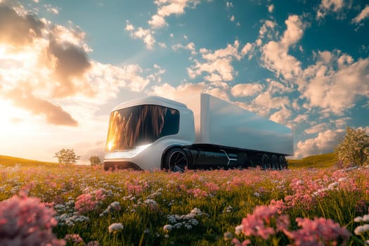 Futuristic white electric truck with cargo staying in the field of grass and flowers under afternoon sky. AI generated