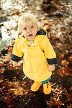 Small blond infant boy wearing yellow rubber boots and yellow waterproof raincoat walking in puddles on a overcast rainy day. Child in the rain