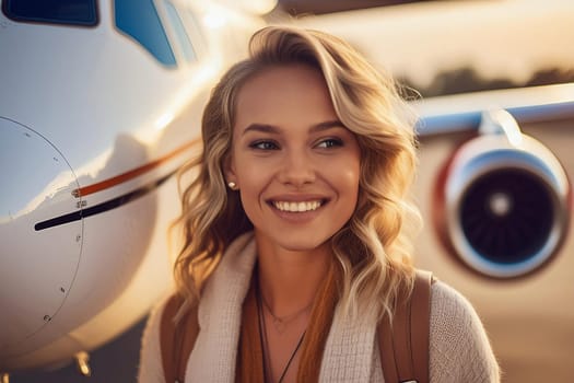 young smiling blonde woman ready for travel at airport.