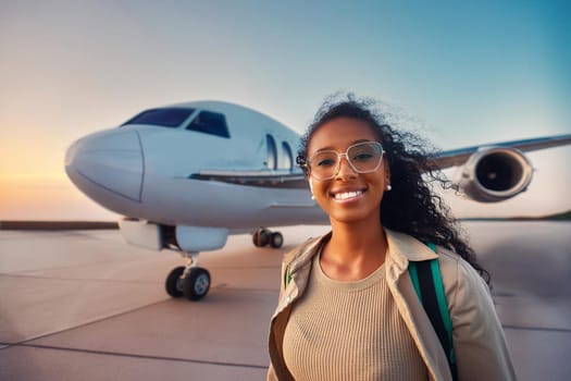 Happy curly woman in front of a plane before flying on a trip.