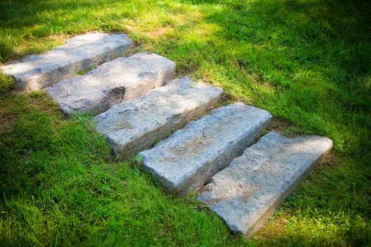 Stone steps embedded in the grass create a natural garden path under the sunlight