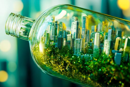Glass bottle with a green urban landscape. Green city, Earth day, World environment day and sustainable development concept. AI generated