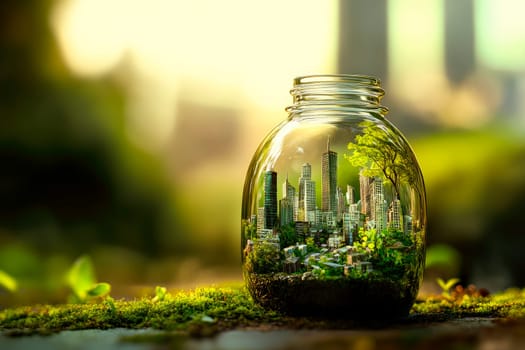 Glass jar with a green city. Green city, Earth day, World environment day and sustainable development concept. AI generated