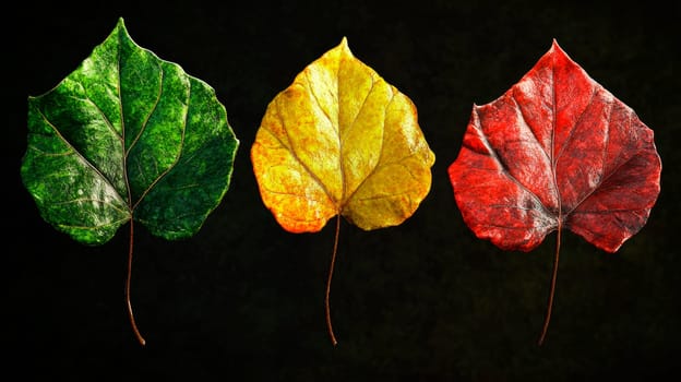 Set of beautiful and colorful autunm leaves. Green, yellow and red leaf. AI generated