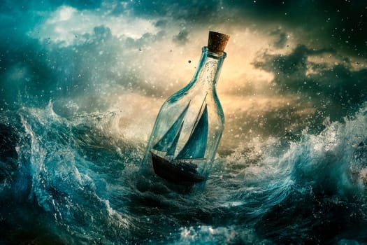Sailing boat in a bottle strike stormy ocean waves. AI generated