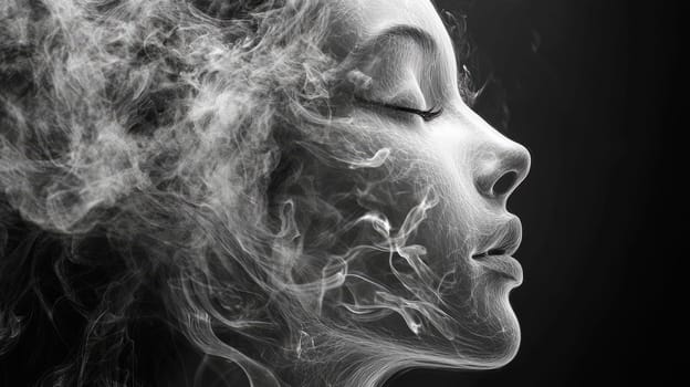 An illusory and dreamy portrait created by swirls of smoke. Woman face silhouette from smoke. AI generated