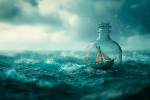 Sailing boat in a bottle strike stormy ocean waves. Adventure concept. AI generated