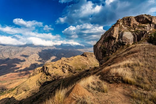 Andringitra national park, Haute Matsiatra region, Madagascar, beautiful mountain landscape with trail to Chameleon peak and massifs. Hiking in Andringitra mountains. Madagascar wilderness landscape.