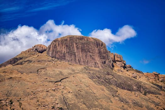 Andringitra national park, Haute Matsiatra region, Madagascar, beautiful mountain landscape with trail to Chameleon peak and massifs. Hiking in Andringitra mountains. Madagascar wilderness landscape.