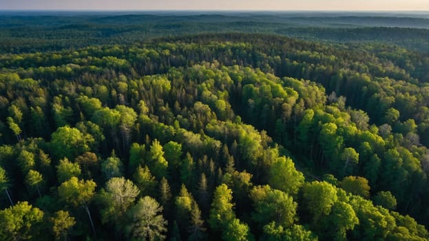 This image displays an aerial perspective of a dense forest of evergreen trees, showcasing various shades of green and lush foliage in the summer season, representing nature's beauty and serenity. AI generated image