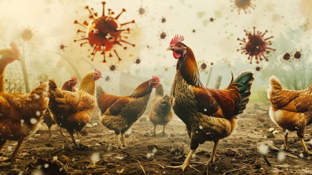 Bird flu virus outbreak, Avian influenza, infectious disease spreading to mammals and humans, sick chicken