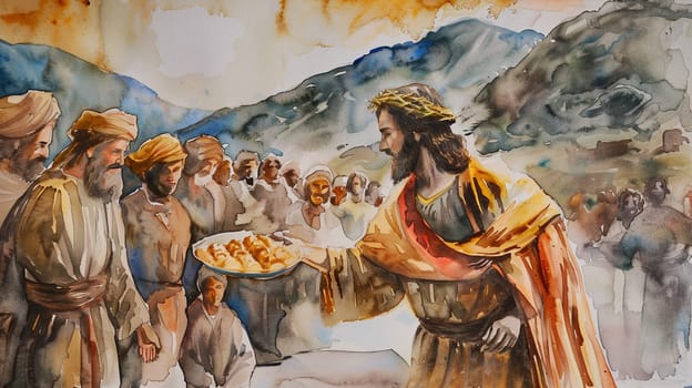 Jesus Christ gives bread to the people, feeding the multitude 5000, biblical miracle, bible story, christian religion, gospel