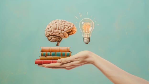 Human brain with books and light bulb, education and science concept, learning new skill, have wisdom and knowledge