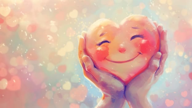 Holding a heart with a happy smiling face, mental health concept, positive thinking mind and attitude, support and self esteem, love and emotion