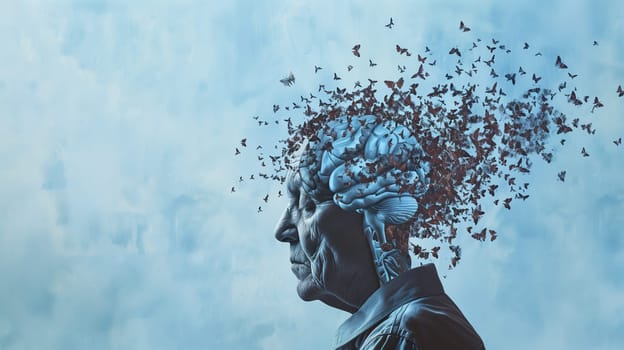 Alzheimer awareness day, dementia diagnosis, Parkinson disease, memory loss disorder, brain of senior with fog, damaged mind