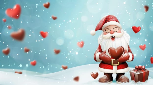 Happy smiling Santa Claus with chocolate heart and snowflakes, winter holiday season, christmas greeting card