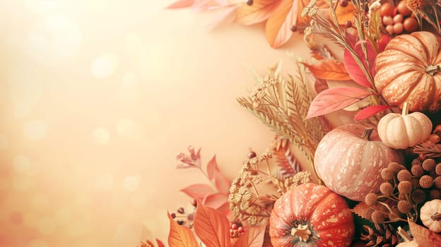 Thanksgiving background, pumpkin and autumn foliage, banner with copy space, holiday season