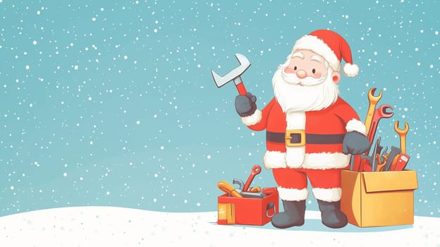 Santa Claus holding pliers tool, working as a handyman or craftsman, winter holiday season, christmas greeting card, blue background