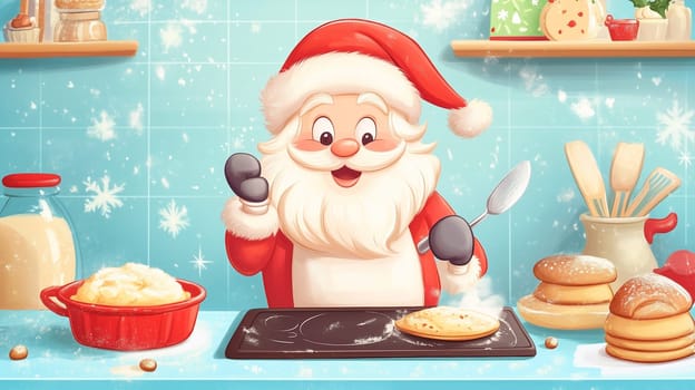 Santa Claus is baking cookies and cake for christmas eve in the kitchen, winter holiday season, xmas greeting card