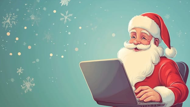Santa Claus is working on his laptop, reading e-mail with wish list, winter holiday season, christmas greeting card