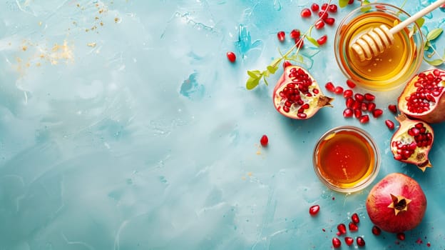 Rosh hashanah, jewish new year holiday, background with pomegranate and honey, traditional food for celebration