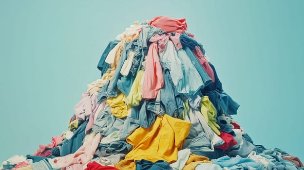 Huge pile of clothes, fast fashion, textile industry, recycling and environmental issue, waste of resources, dirty washing