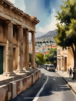 Athens city Greece watercolor art