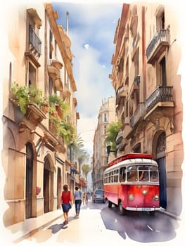 Barcelona city Spain watercolor art