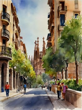 Barcelona city Spain watercolor art