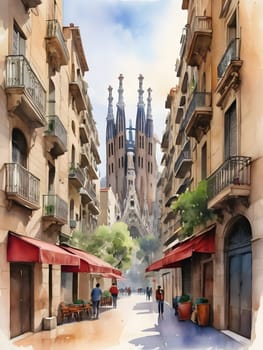 Barcelona city Spain watercolor art