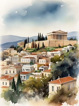 Athens city Greece watercolor art
