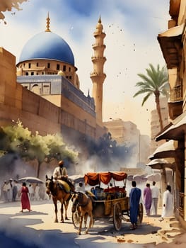 Cairo city Egypt watercolor art