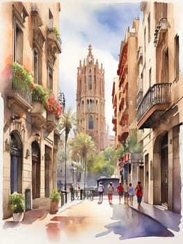 Barcelona city Spain watercolor art
