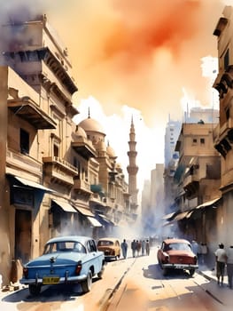 Cairo city Egypt watercolor art