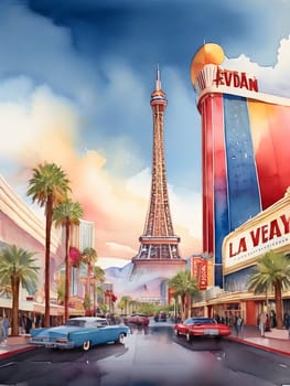 Las Vegas city Nevada watercolor art