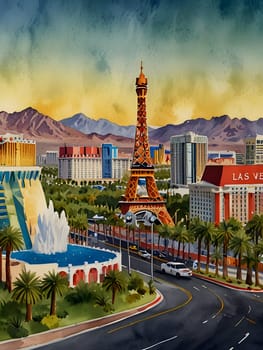 Las Vegas city Nevada watercolor art