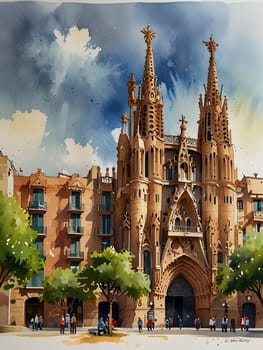 Barcelona city Spain watercolor art