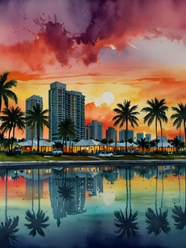 Miami city view watercolor art
