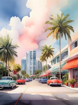 Miami city view watercolor art