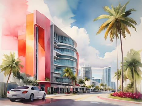 Miami city view watercolor art