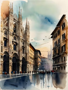 Milan city Italy watercolor art