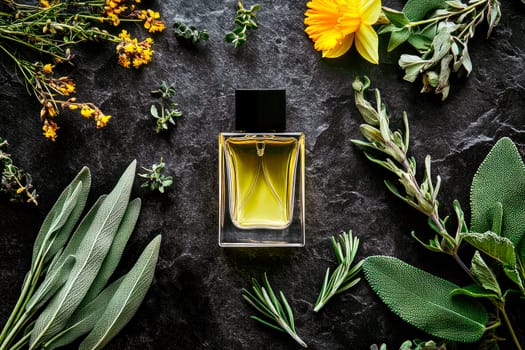 A  perfume bottle surrounded by flowers and plants on a dark background. Top view. AI generated