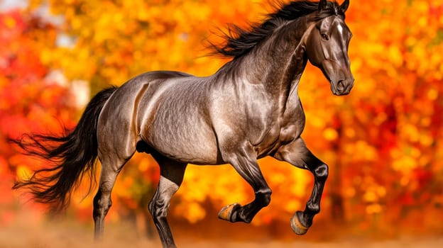 Horse galloping on the forest background in autumn. AI generated
