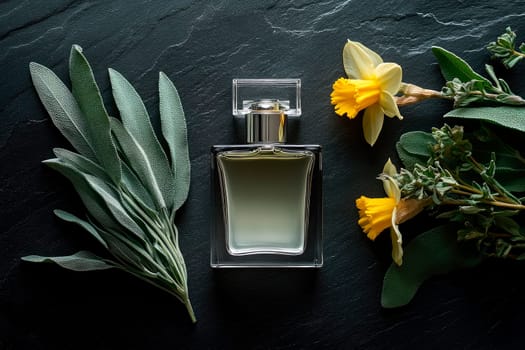 A  fragrance bottle surrounded by flowers and plants on a dark  background. Top view. AI generated