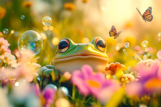 Cute frog is having fun in the field with flowers, bubbles and butterflies. AI generated