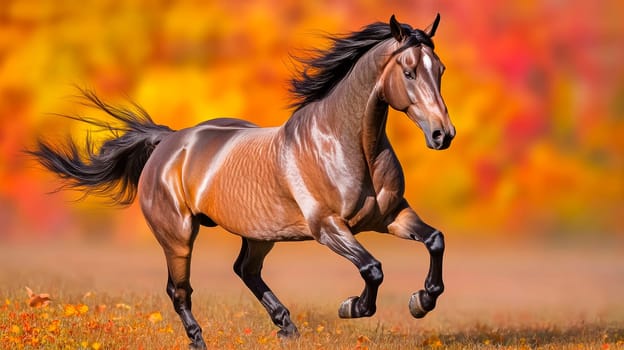 Horse galloping on the trees background in autumn. AI generated