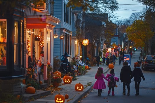 Kids in colorful costumes stroll down a decorated street, collecting treats while pumpkins glow invitingly under the autumn twilight.